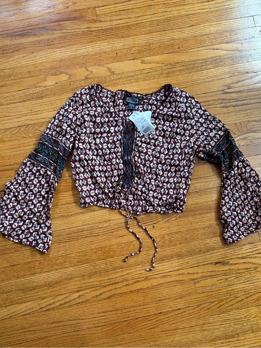 Angie Burgundy Patterned Tie-Front Crop Top
